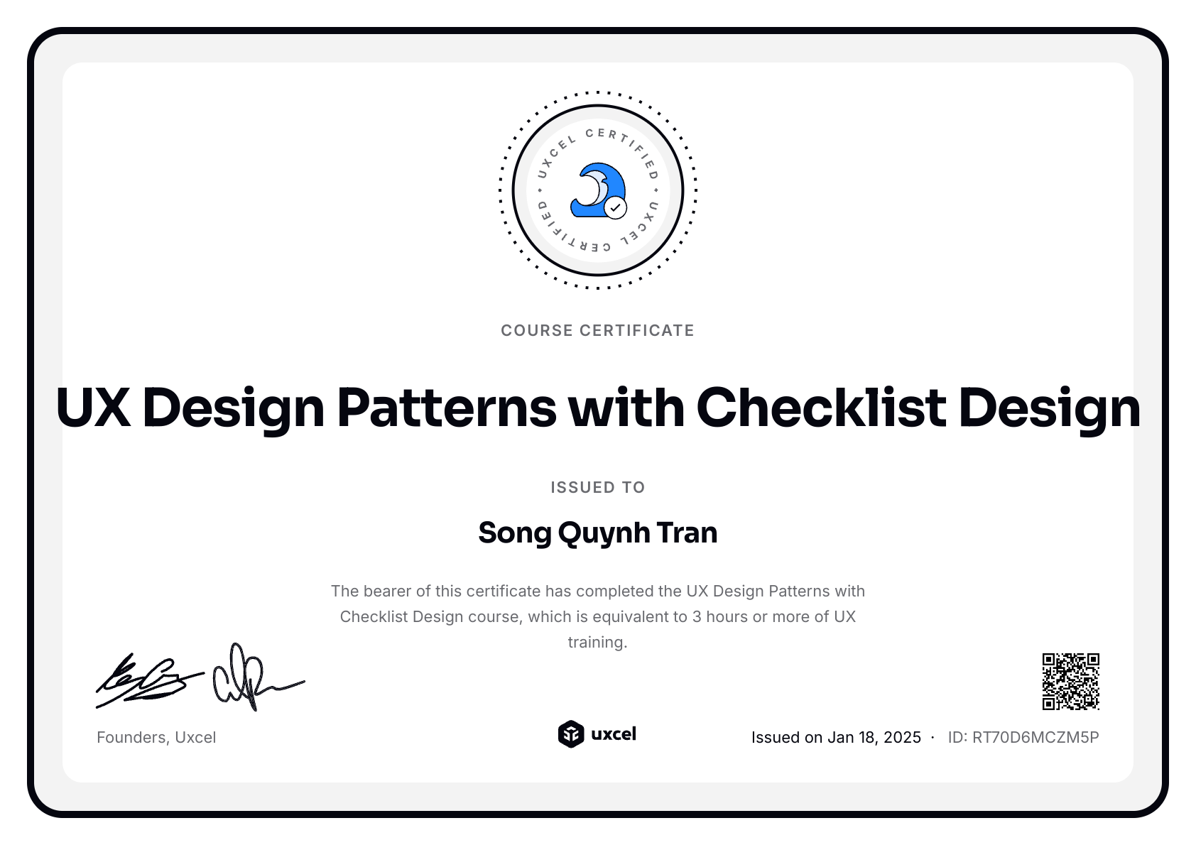 Song Quynh Tran's certificate